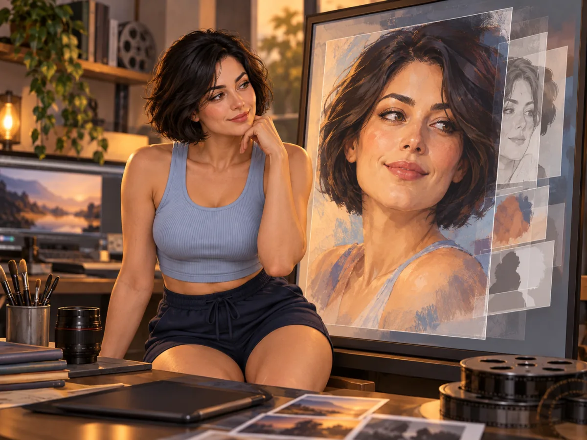 Mulher em ateliê ao lado de uma pintura de retrato