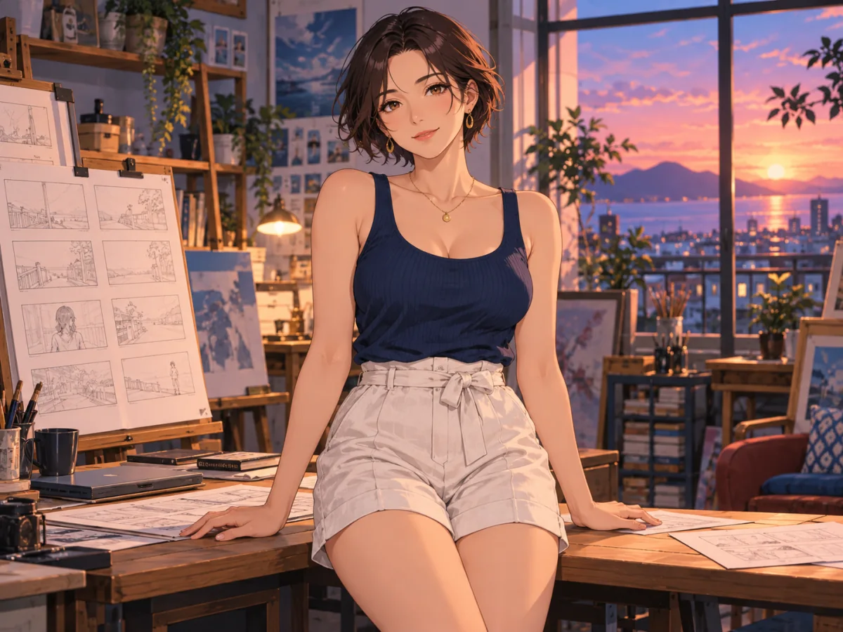 Mulher sentada em um ateliê com luzes da cidade ao fundo